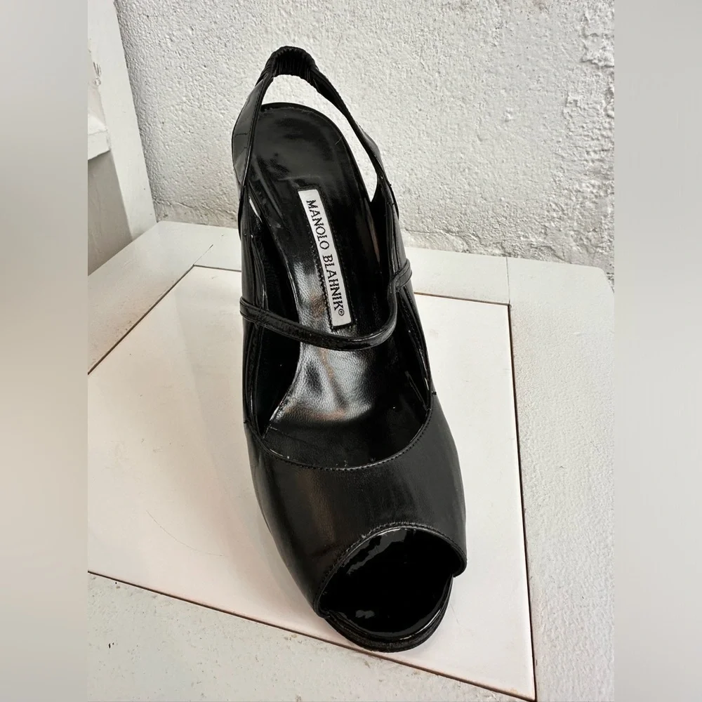 Manolo Blahnik Black Leather Printed Slingback Peep Toe Pumps – Size 36.5 Gift - Picture 3 of 13